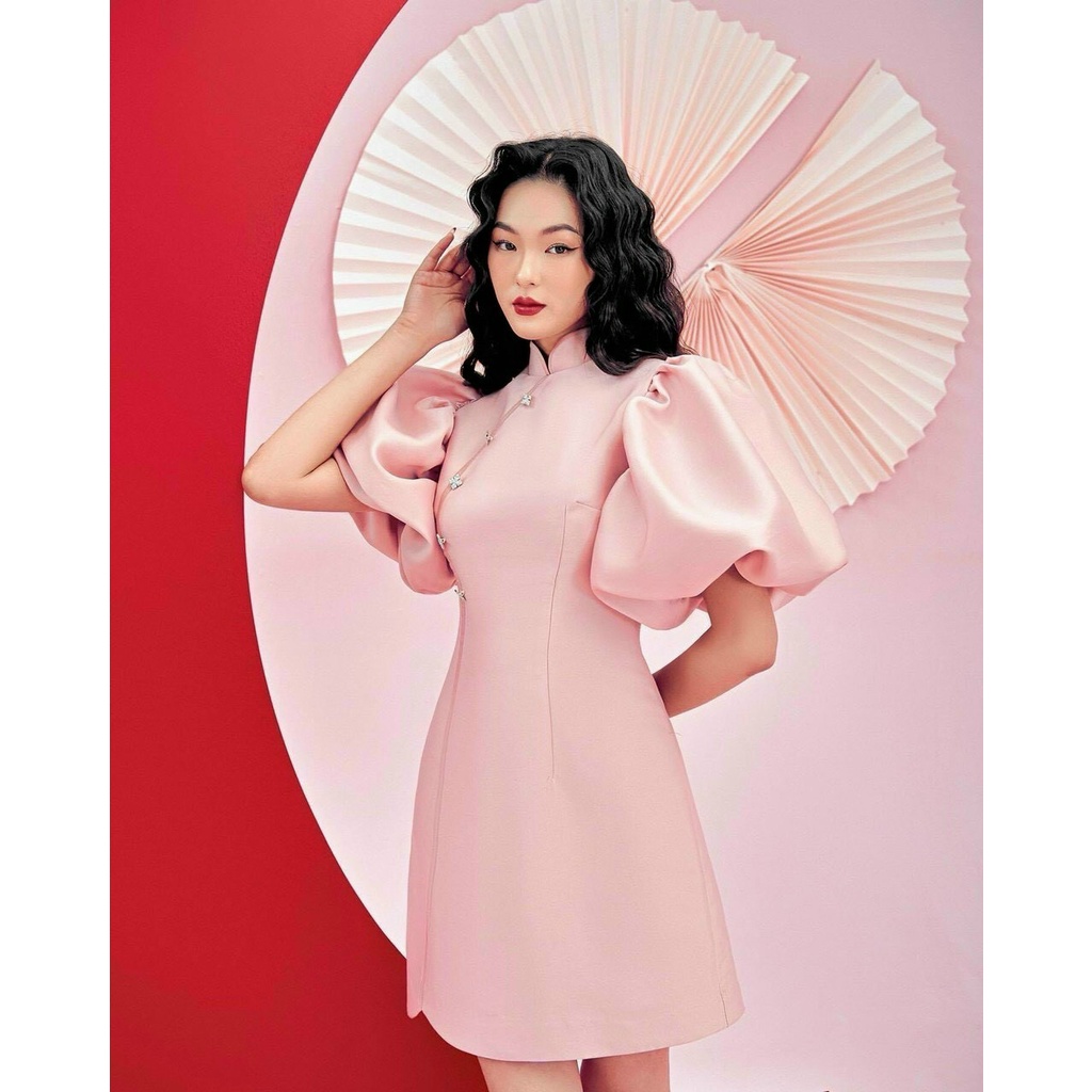 Đầm thời trang nữ sang chảnh đi tiệc chất cotton lạnh cổ tàu tay phồng đính nút dáng xòe midi tôn dáng dễ thương
