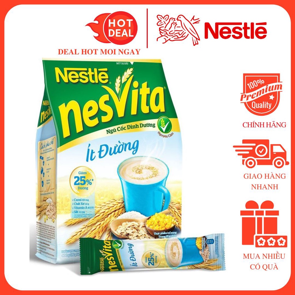 Bột ngũ cốc NesVita Nestlé Ít Đường 400G (16 Gói x 25G)