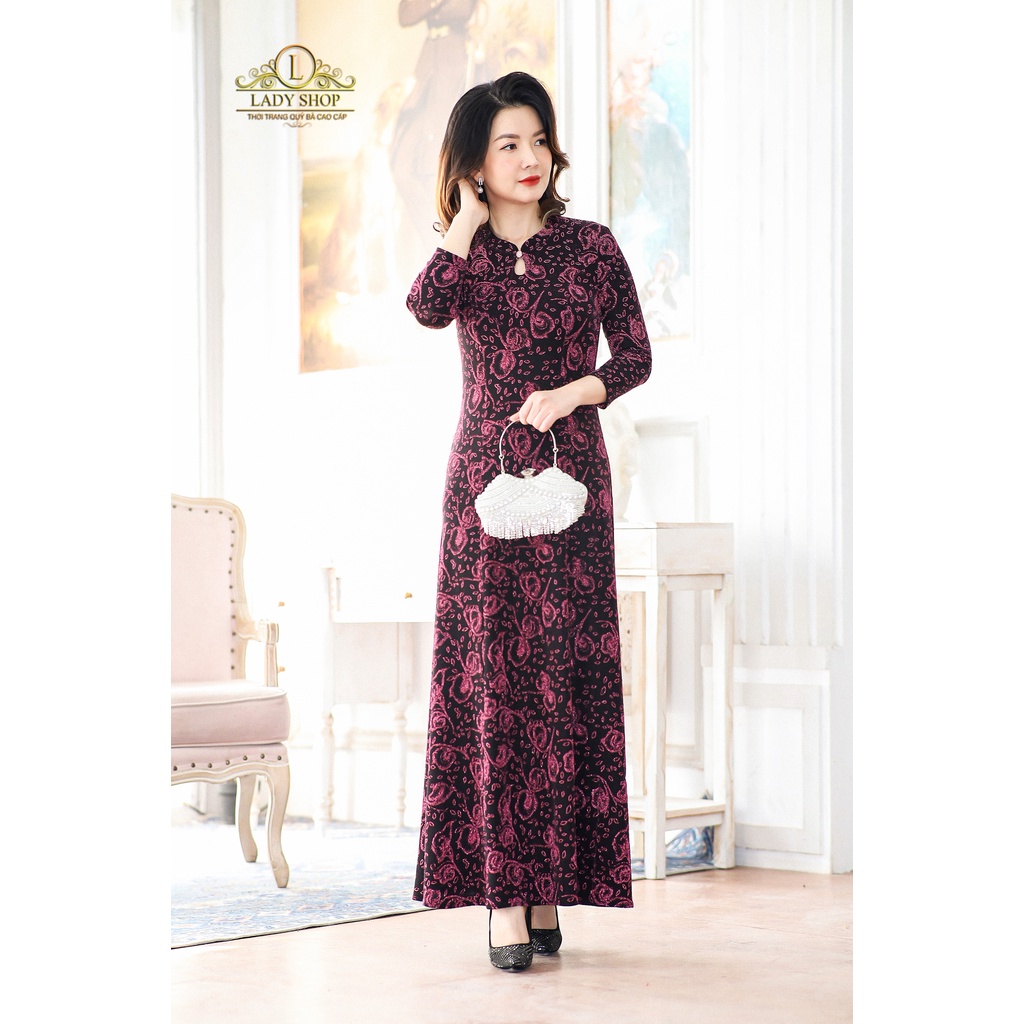 Đầm Maxi lá thun nhũ cổ tàu giọt lệ Ladyshop thời trang trung niên cao cấp T49