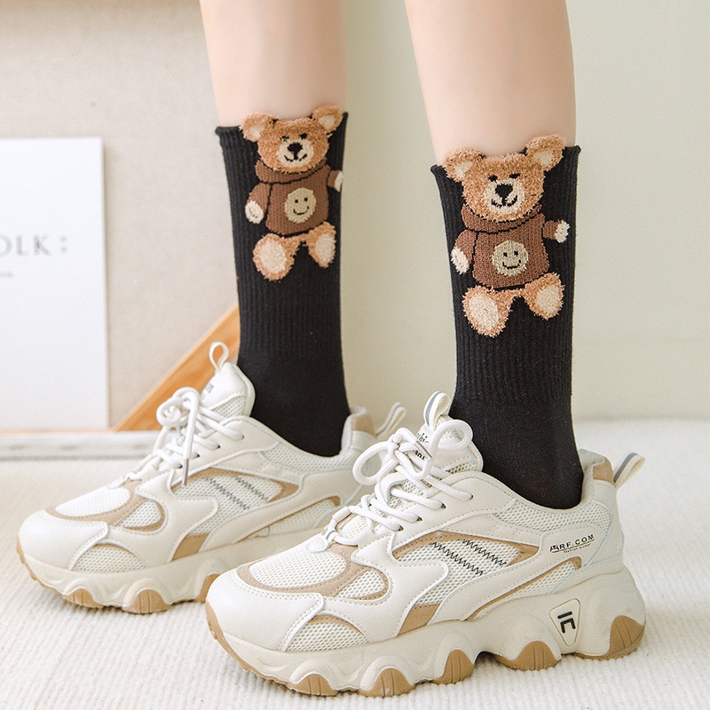 1 Đôi Tất Cotton Mềm Mại Thoáng Khí In Họa Tiết Gấu Hoạt Hình Dễ Thương Giữ Ấm Mùa Đông Cho Nữ