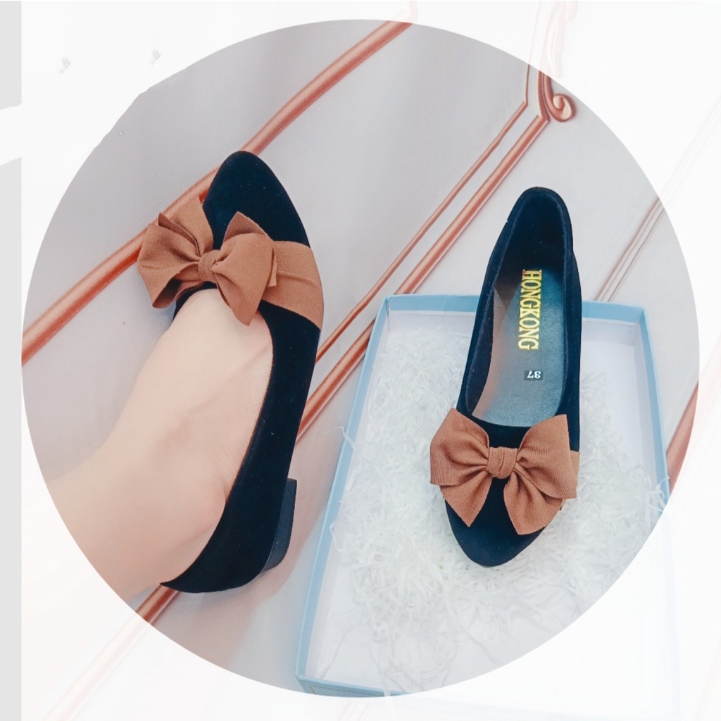 Giày búp bê nữ - hài nữ mũi nhọn, mũi vuông phối nơ xinh chất nỉ nhung đẹp êm chân