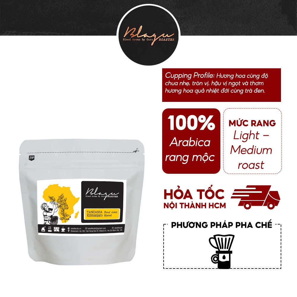 Cà phê hạt Blagu đã rang Tanzania Kilimanjaro | Dòng Cà Phê Đặc Sản | 100% Arabica - Heiloom | Light Medium 100g