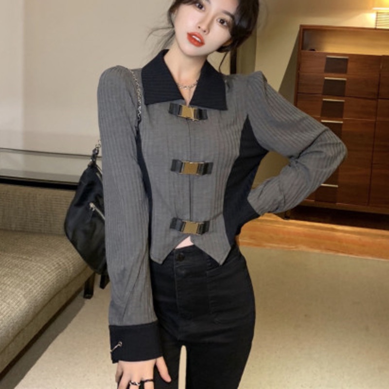 Áo Sơ Mi Nữ Tay Dài Màu Tương Phản Phong Cách Hàn Quốc Thời Trang