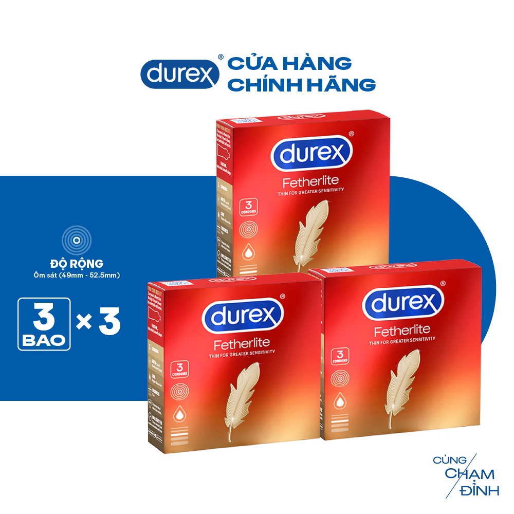 Bộ 3 hộp bao cao su Durex Fetherlite siêu mỏng, size 52.5mm, 3 bao/hộp