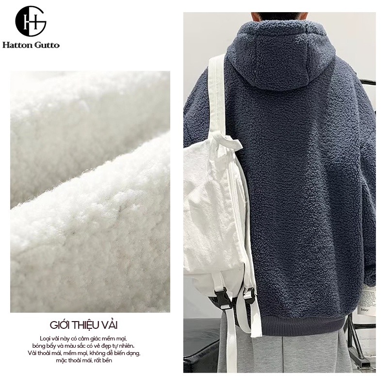 Hattongutto COD OOTD Áo Khoác hoodie Lông Cừu Dày Dặn Dáng Rộng Thời Trang Thu Đông Cho Nam Giới