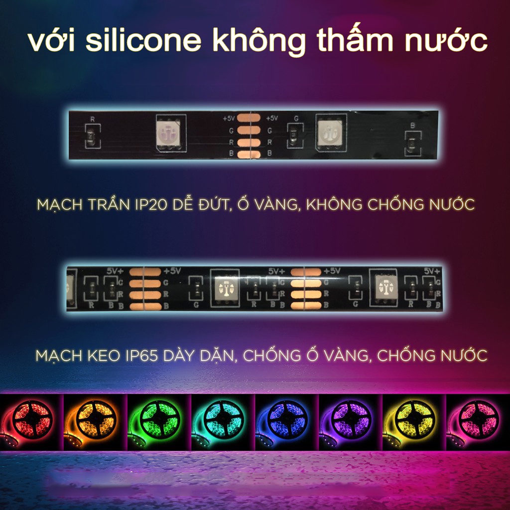 Đèn dây led RGB 5M với Silicone Không thấm nước 16 triệu màu điều khiển bằng điện thoại, nháy theo nhạc, trang trí decor phòng