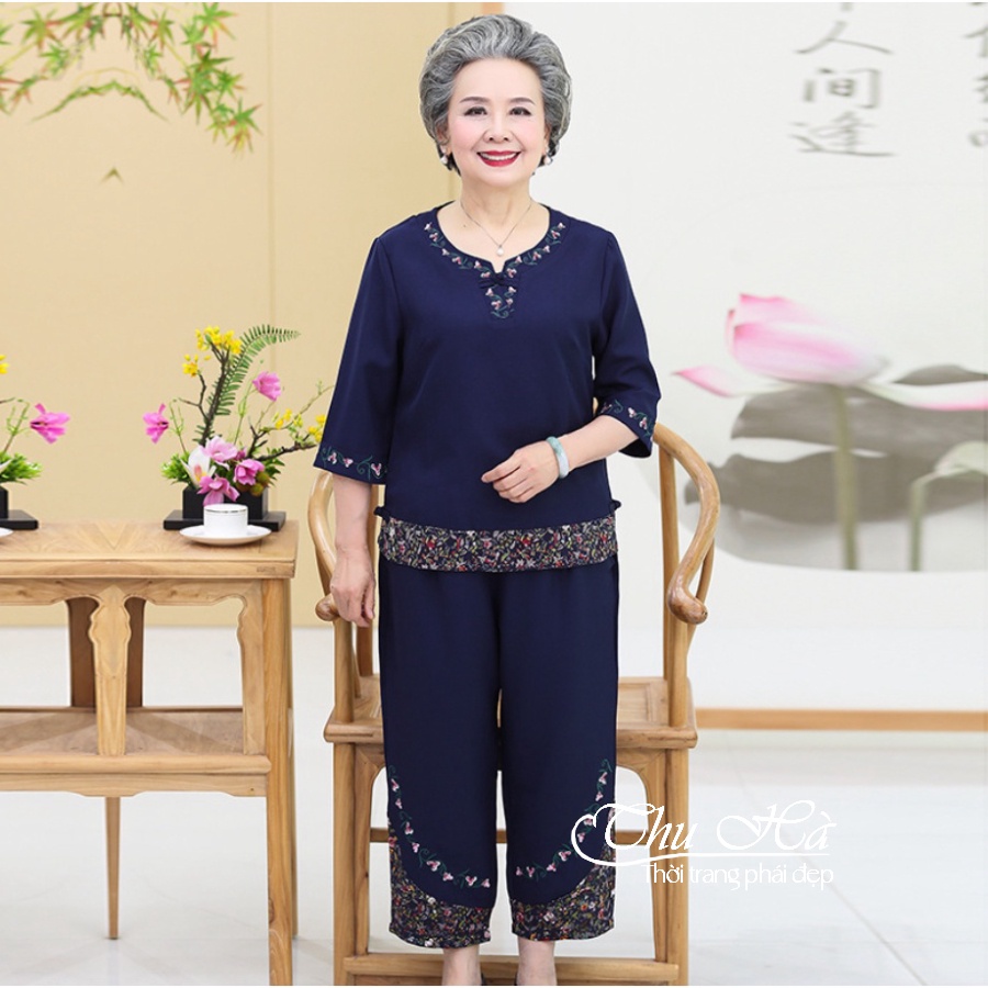 Đồ bộ trung niên nữ thêu hoa Thu Hà quần áo mặc nhà tặng bà tặng mẹ chất liệu co giãn form thoải mái ĐBH.21
