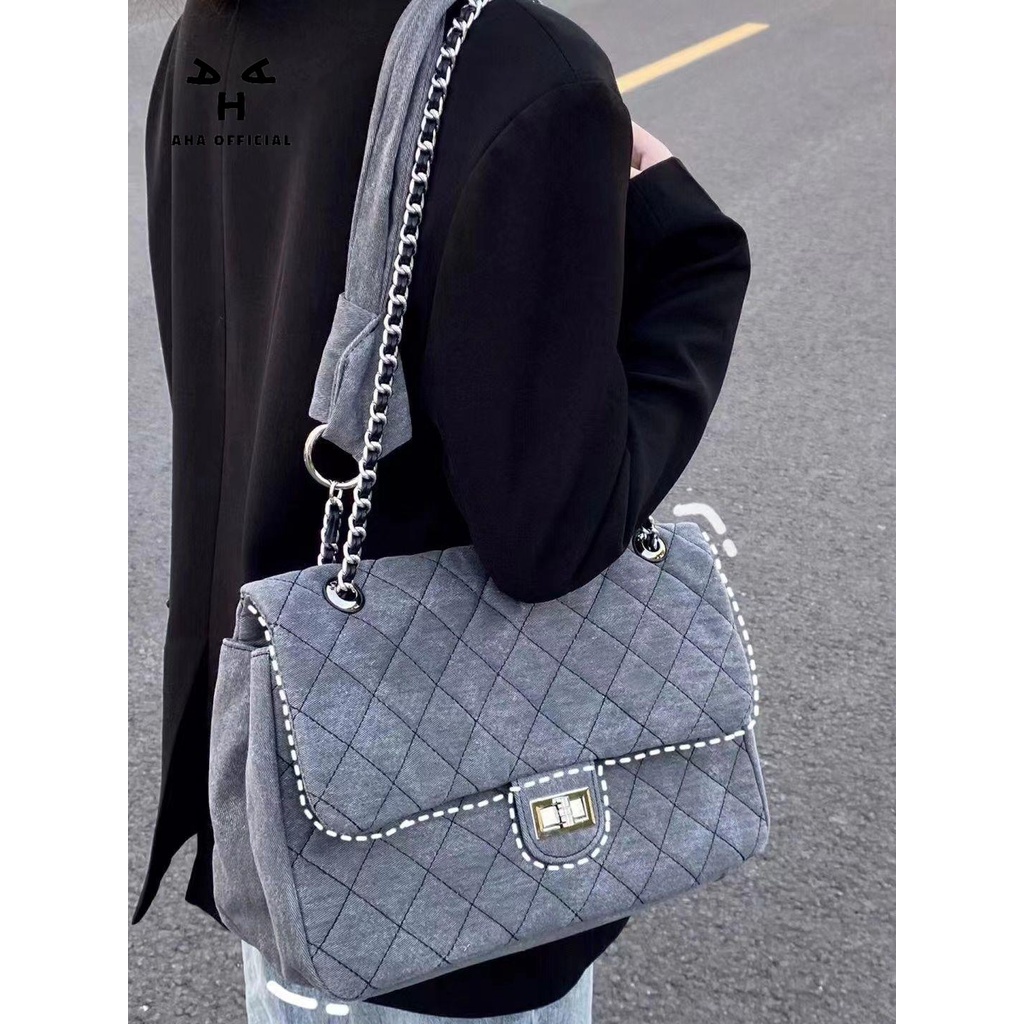 Túi Xách Denim Phối Dây Xích Kim Cương Xám Phong Cách Phương Tây Mới