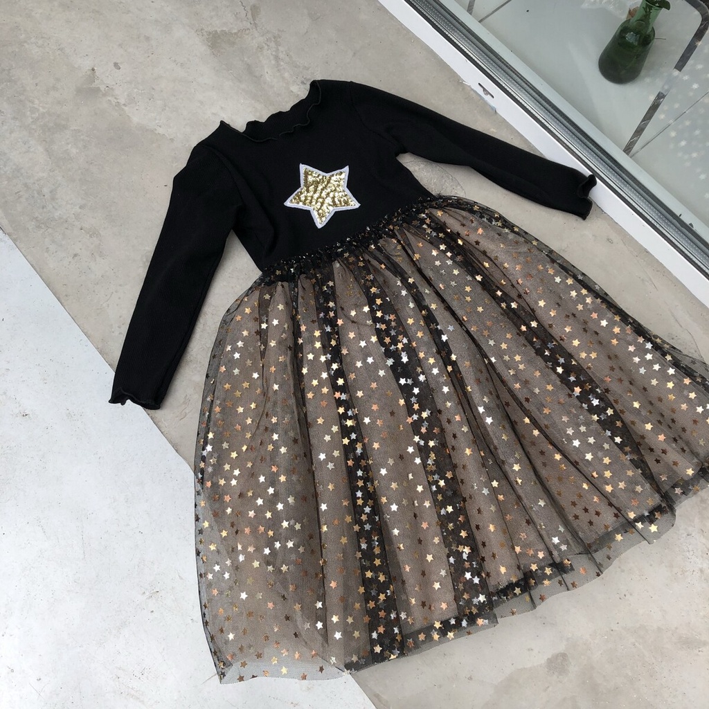 Váy Công Chúa Dài Tay Cho Bé Gái - Váy Xòe Đính Sao