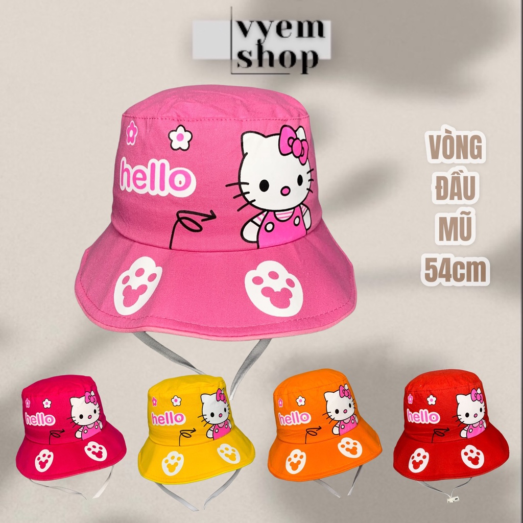 Mũ bucket tai bèo vành cho bé 4-12 tuổi, BO nhung TRUNG LỠ Loại IN HELLO KÍT TI, nón trẻ em trai gái chống nắng vyemshop