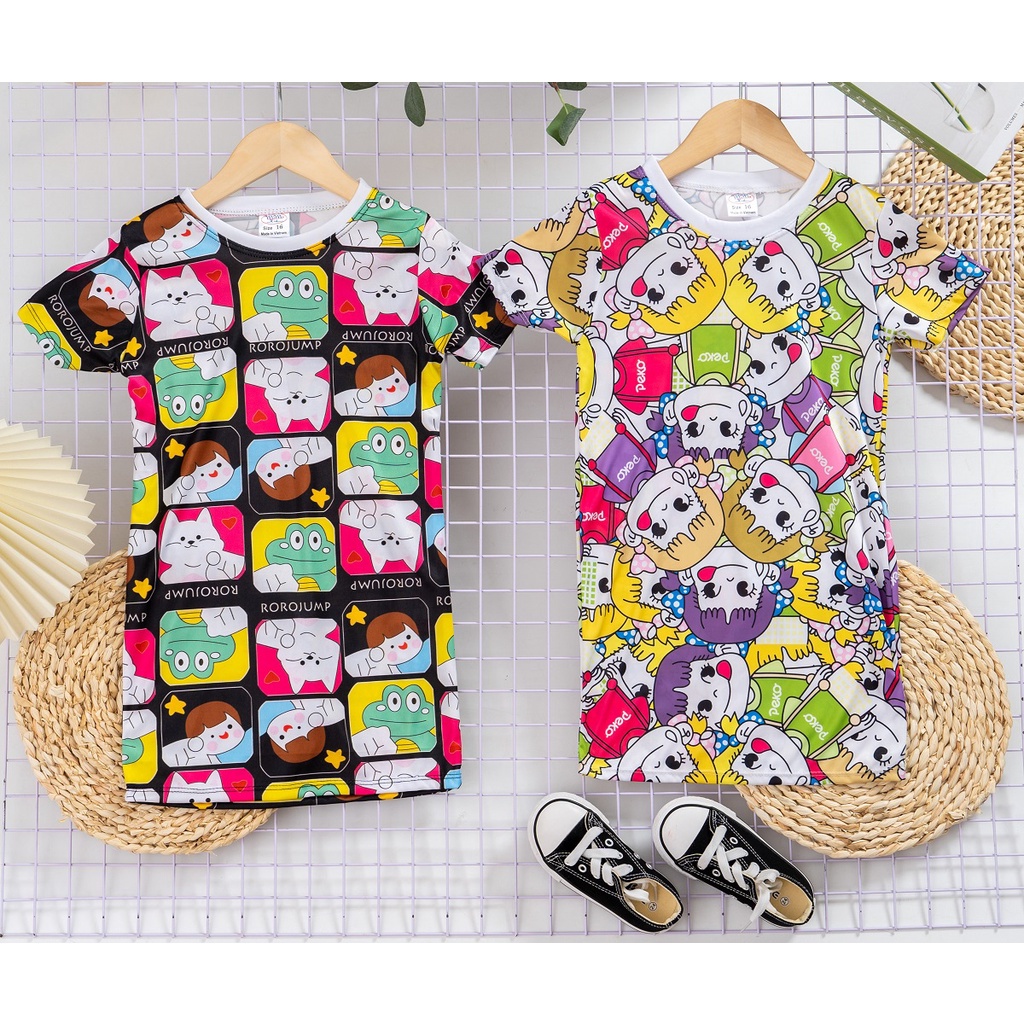 Hot trend | Váy đầm suông chất thun lạnh in 3D hoạt hình cực sắc nét đẹp cho bé 8-28kg