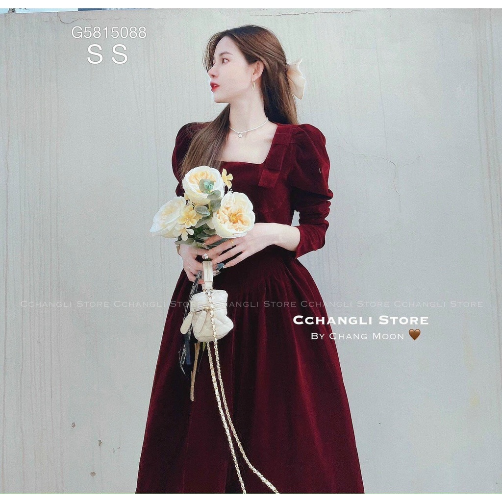 [12.12 Sales Freeship] Đầm nữ tiểu thư vintage dáng dài, đầm nhung cổ vuông tay dài ôm eo dáng xòe đi cưới sang chảnh