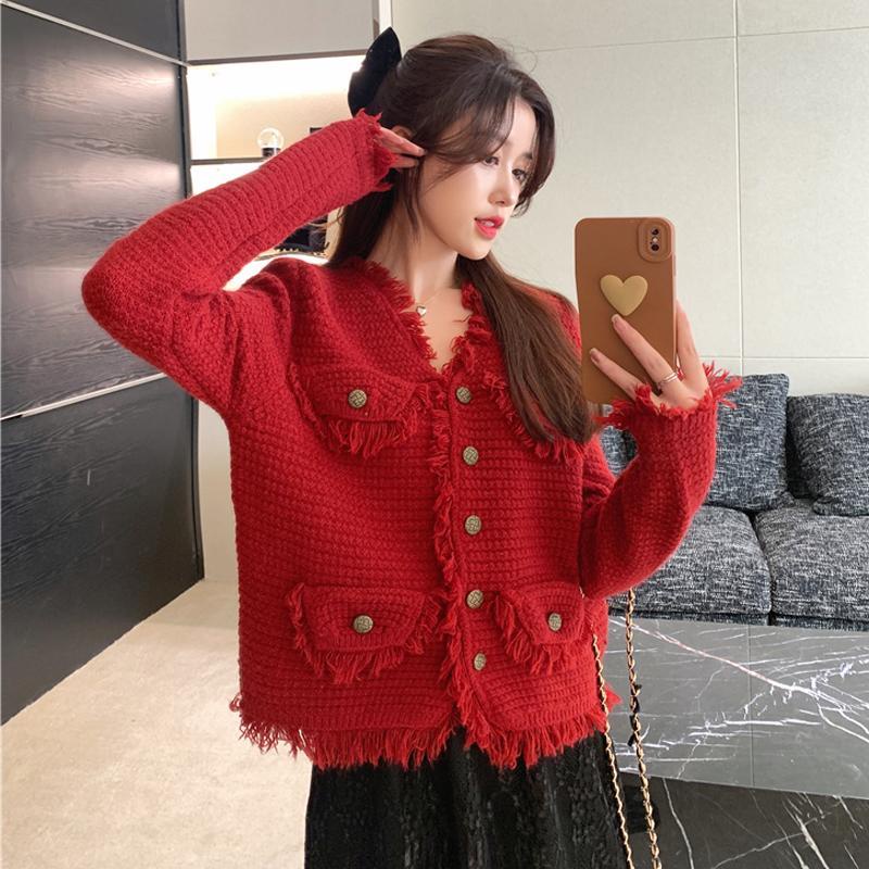 Áo Khoác Sweater Dệt Kim Thiết Kế Tua Rua Màu Đỏ Mừng Năm Mới