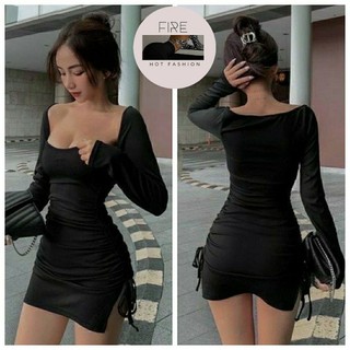 Đầm body đầm tay dài rút dây 2 bên tôn dáng hai màu đen nâu D7 (Giá sỉ) Fire.vn