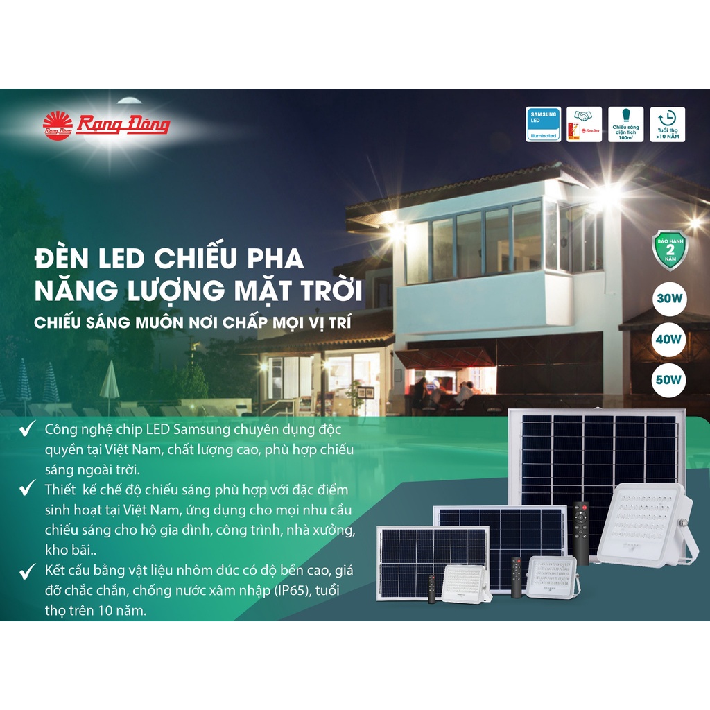 Đèn Chiếu pha Năng lượng mặt trời 50W Rạng Đông siêu sáng CP02.SL.RF 50W