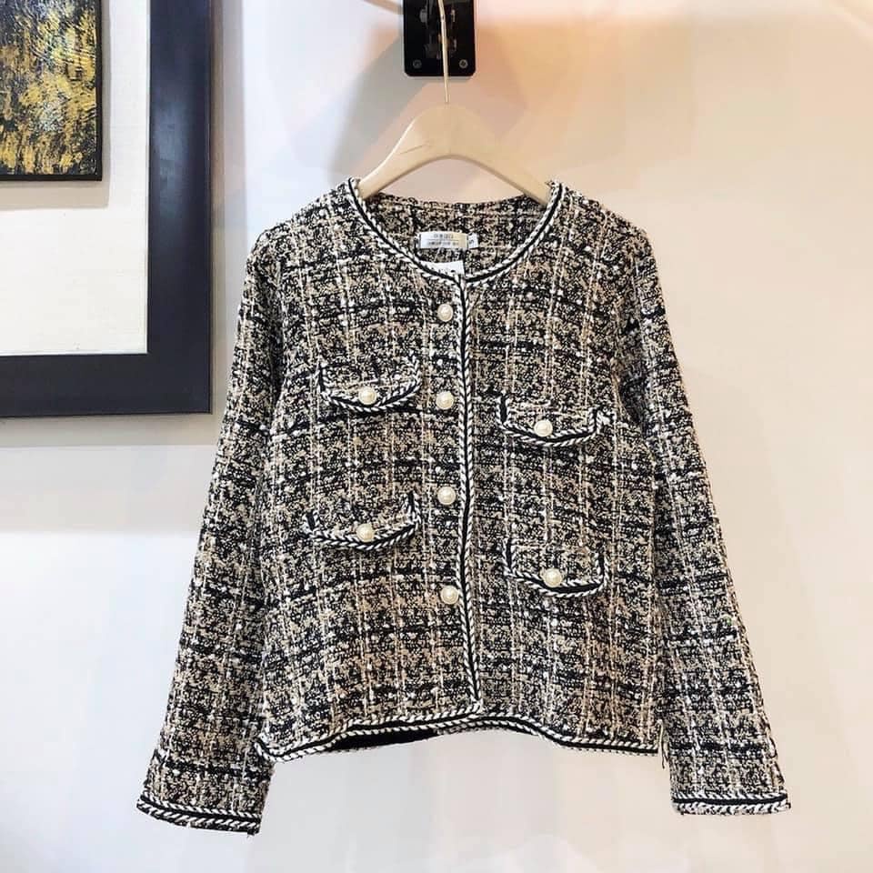 Set áo dạ tweed ziczac dài tay cổ vest kèm quần short dạ thu đông ulzzang Hàn Quốc