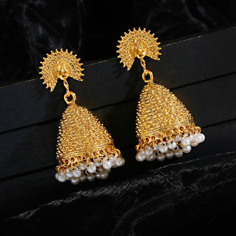 Bông Tai Dáng Dài Hình Chim Công Đính Ngọc Trai Phong Cách Ấn Độ Thời Trang Cho Nữ