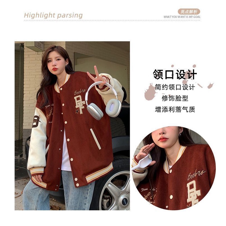 Áo Khoác Bóng Chày Có Nón Bằng Vải Lông Cừu Dày Dáng Rộng Phong Cách Retro Mỹ Mùa Thu Và Mùa Đông Kiểu Mới