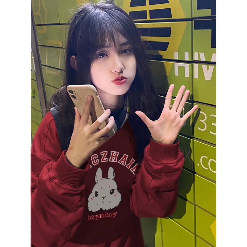 NRVP Áo Thun Nỉ Tay Dài In Hình Thỏ Năm Mới 2023 Phong Cách Hàn Quốc Thời Trang Mùa Đông Cho Nữ
