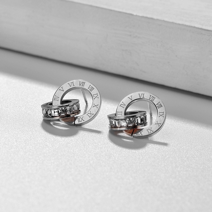 Besfome Set Vòng cổ Và Bông Tai Hai Vòng Tròn Khắc Số La Mã Đính Đá Zircon Thời Trang