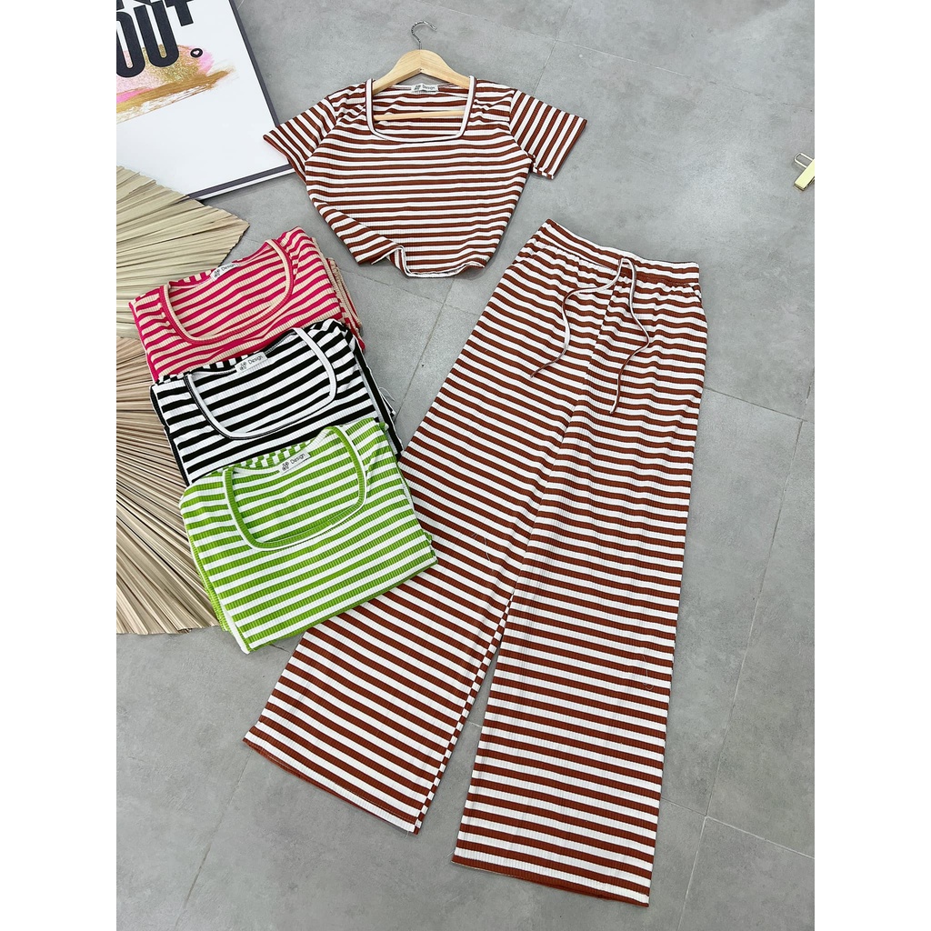 Đồ bộ nữ, set đồ bộ quần ống rộng đai cao có túi và áo croptop ôm ngắn tay cổ vuông vải thun gân borip, bộ đồ mặc nhà