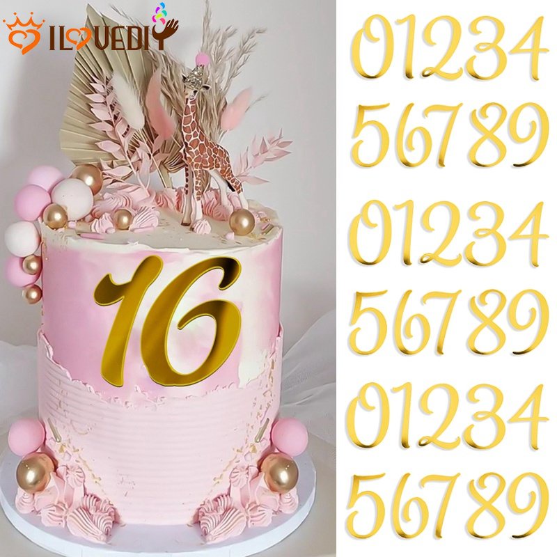 Set 10 Thẻ Chữ Số 0-9 Bằng Acrylic Màu Vàng Trang Trí Bánh Kem / Bánh Cupcake / Bánh Kem Sinh Nhật / Đám Cưới