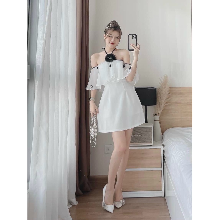 Váy đầm nữ dáng xòe tiểu thư phối bèo đính hoa chạy viền
