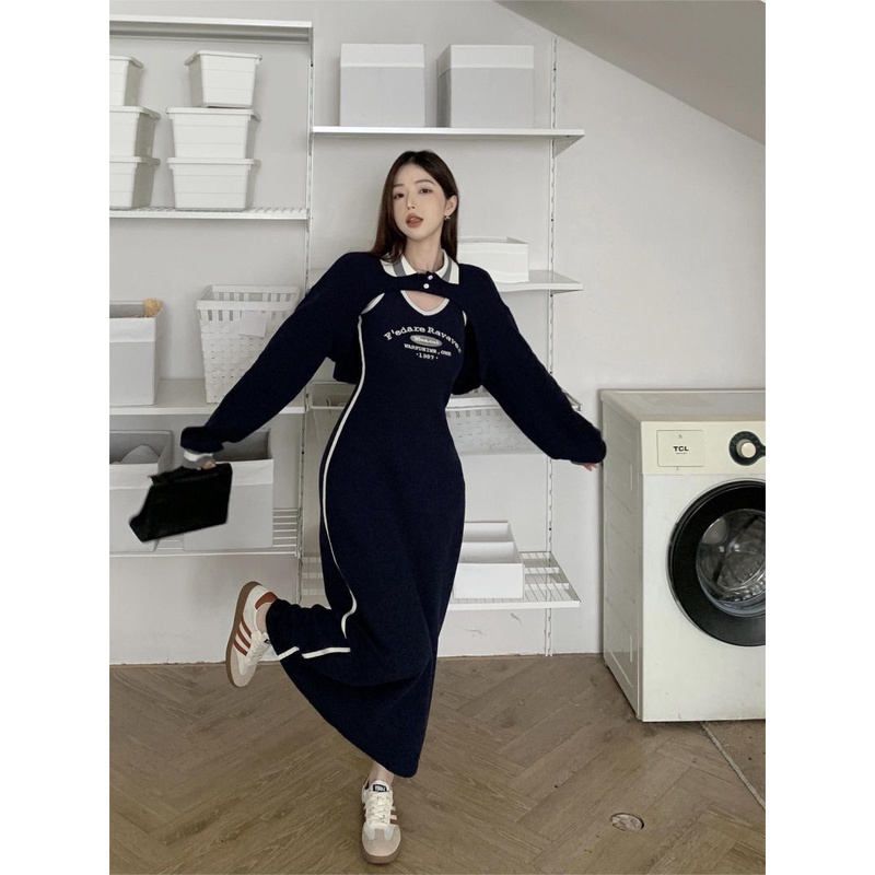 Đầm Nữ Dài Tay Cổ Bẻ Form Rộng Thời Trang Hàn