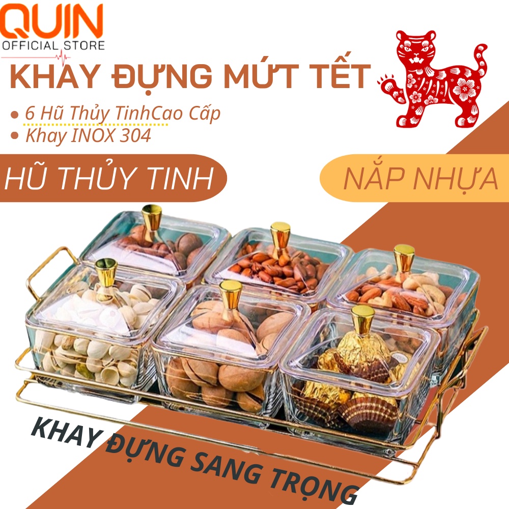 Khay Đựng Mứt Tết 6 Hũ Thủy Tinh Sang Trọng, Hũ Đựng Mứt Tết, Hạt Dưa Sang Trọng, Bánh Kẹo Ngày Tết