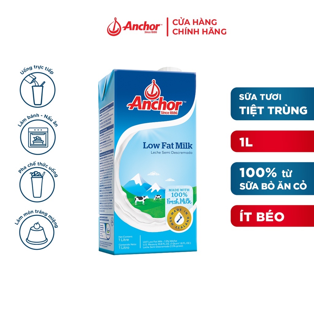 Combo 3 hộp Sữa tươi tiệt trùng ít béo Anchor hộp 1 lít