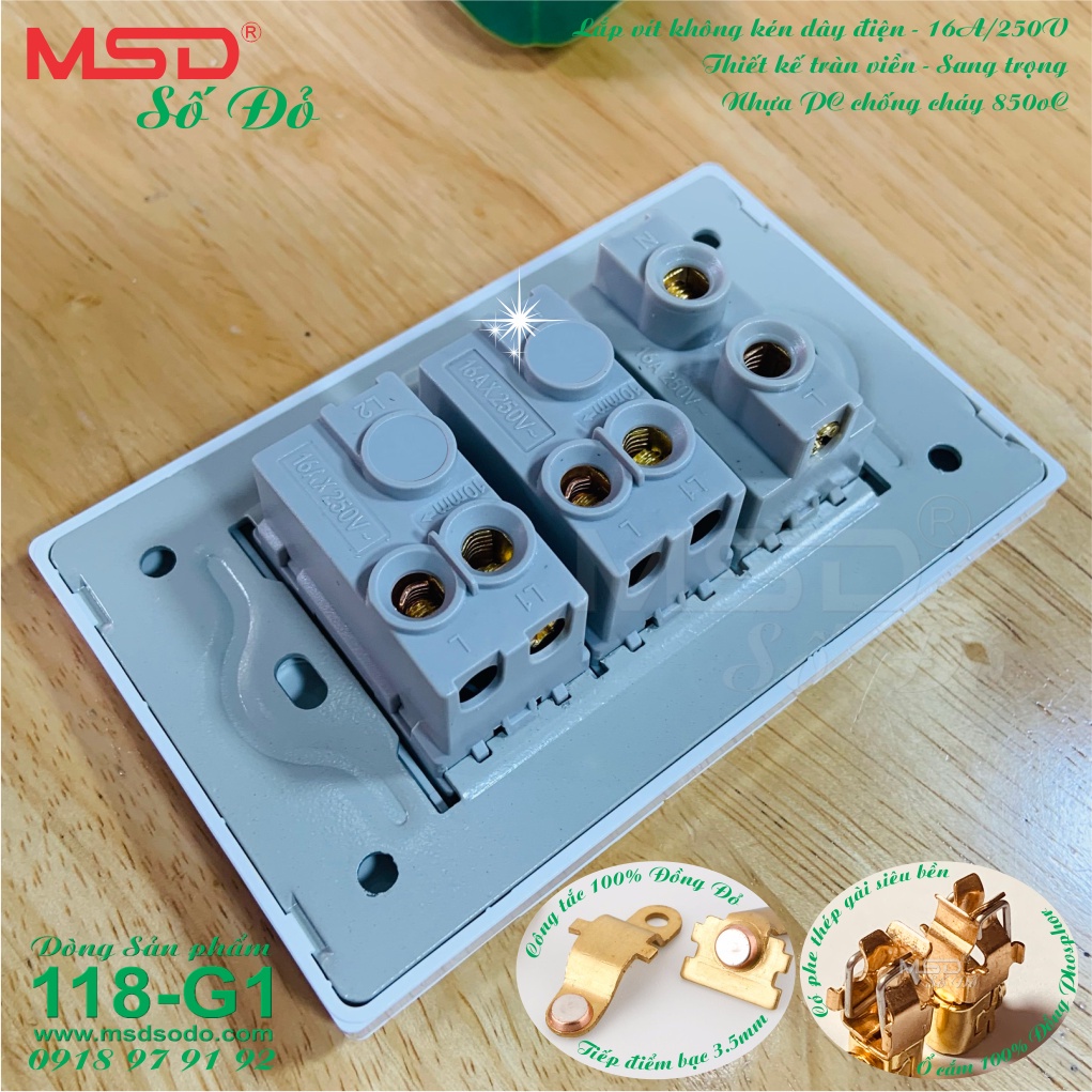 BỘ SẢN PHẨM: 2 CÔNG TẮC  + 1 Ổ CẮM 2 CHẤU - 15A250V  - DÒNG 118G1