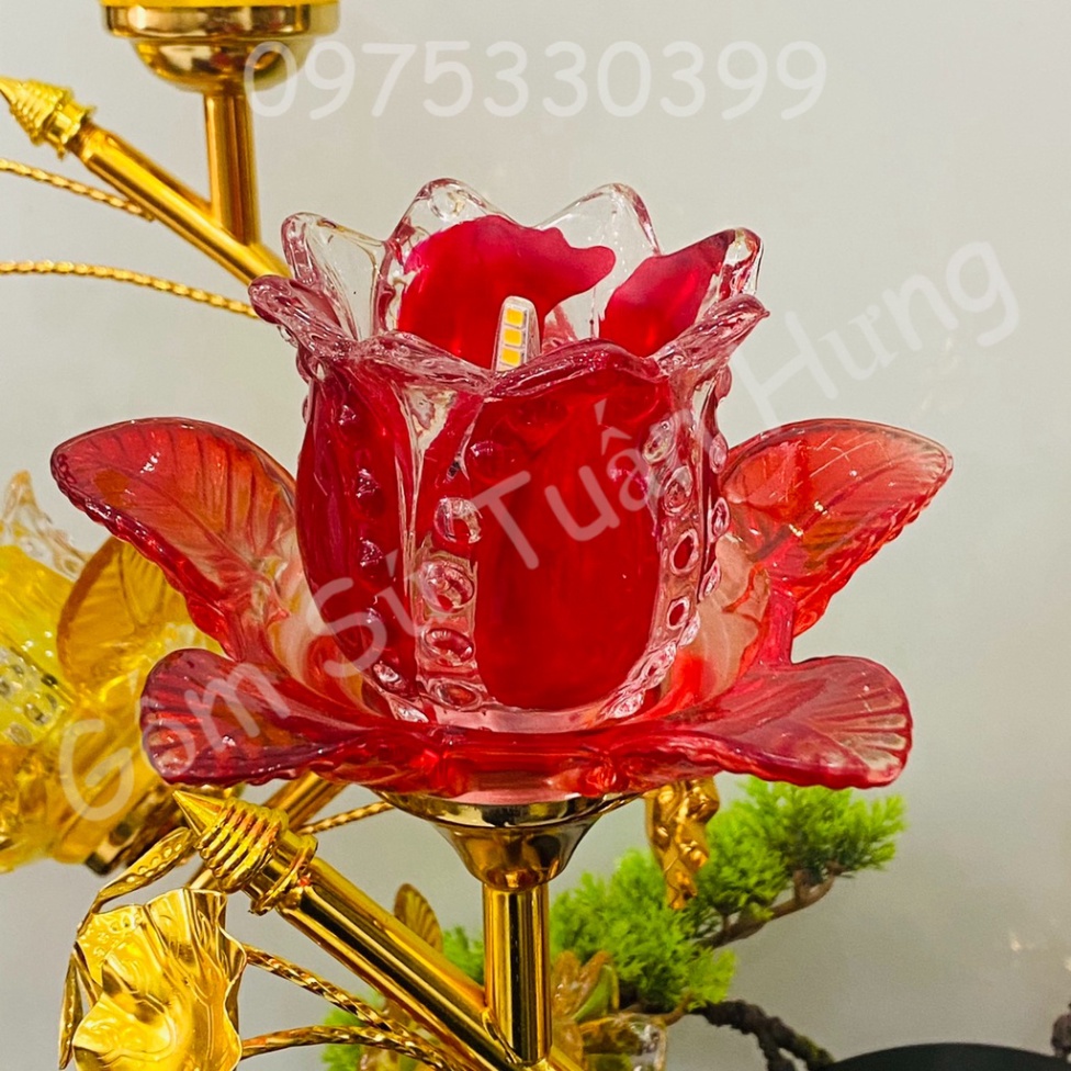 Đèn thờ hoa sen bông thủy tinh ánh sáng vàng, đèn thờ thủy tinh ba bông