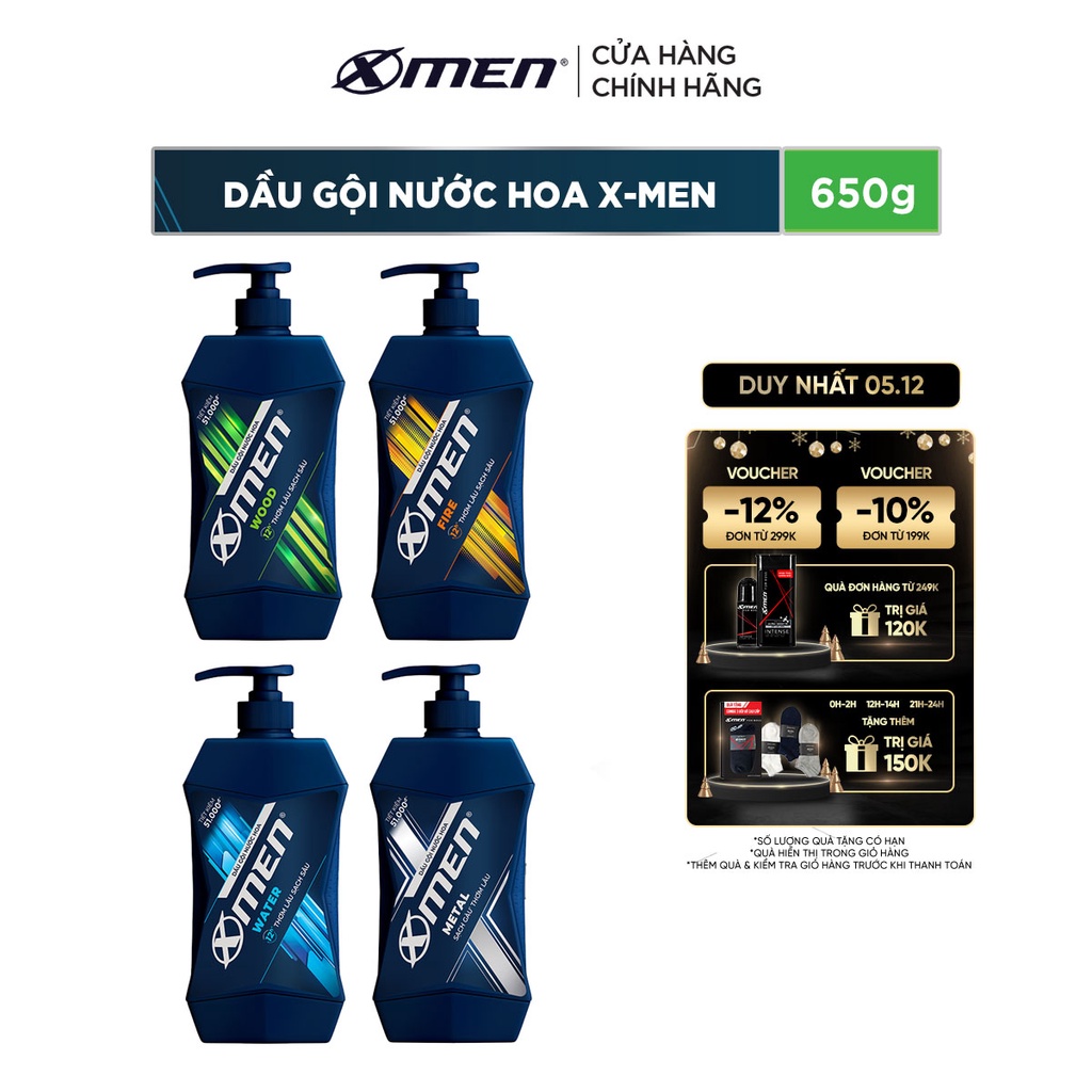 Dầu gội nước hoa Xmen 650g - 4 mùi hương nam tính, 2x sạch sâu và lưu hương 12h