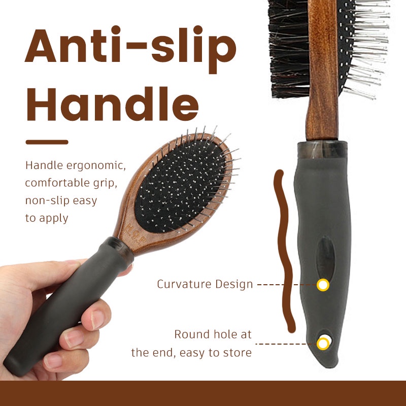 HamshMoc Lược Chải Lông Thú Cưng Hai Mặt Với Tay Cầm Bằng Gỗ Tiện Lợi