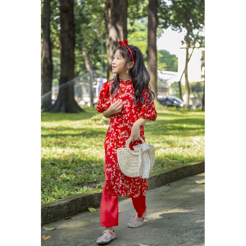 Áo dài cho bé gái - áo dài cách tân cho bé gái thiết kế tay phồng hoạ tiết Bách Hoa Xuân chất liệu lụa mango cao cấp