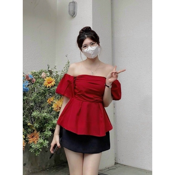 Áo peplum xếp ngực rớt vai tay phồng