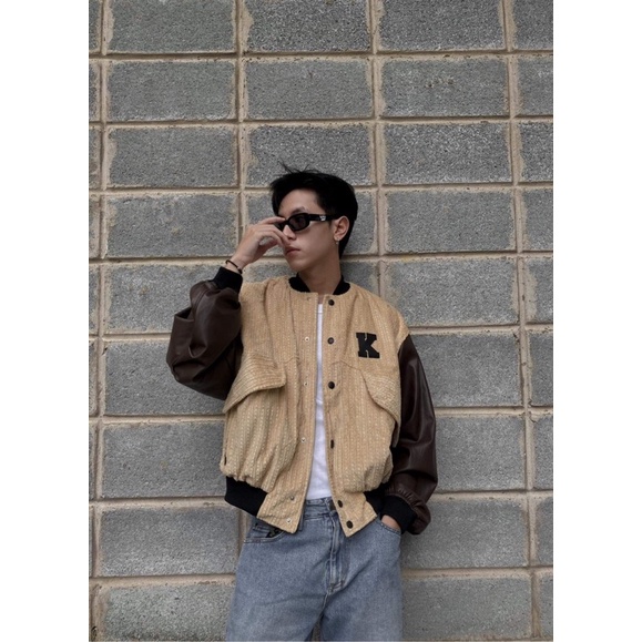 Áo khoác bomber unisex form BOXY nhung gân phối giả da