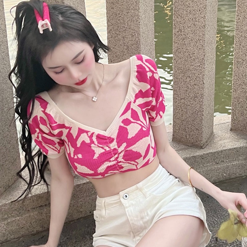 Áo Dệt Kim Tay Phồng Ngắn Cổ Chữ V Dáng Ôm Thời Trang Hàn Quốc Cho Nữ