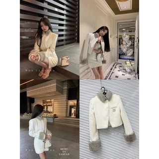 Áo khoác dạ channel lông thỏ cổ lông dáng lửng