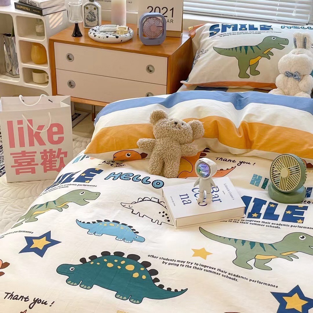 Bộ chăn ga gối cotton organic Khủng long smile đáng yêu cho bé Dreamhome