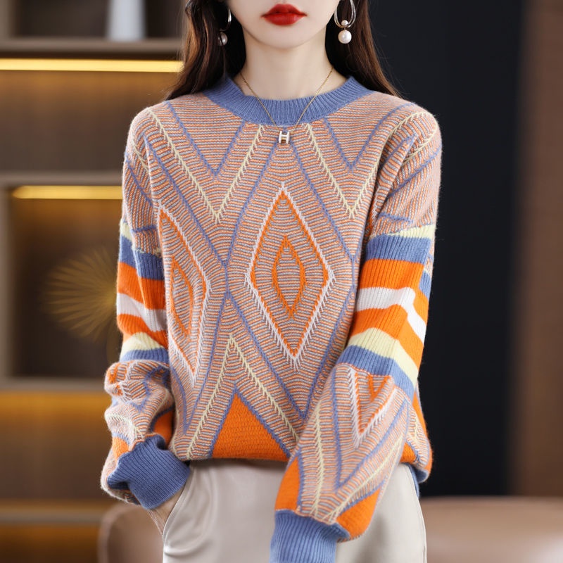Áo Sweater Cổ Tròn Tay Dài Dáng Rộng Màu Sắc Tương Phản Phong Cách Phương Tây Dành Cho Nữ