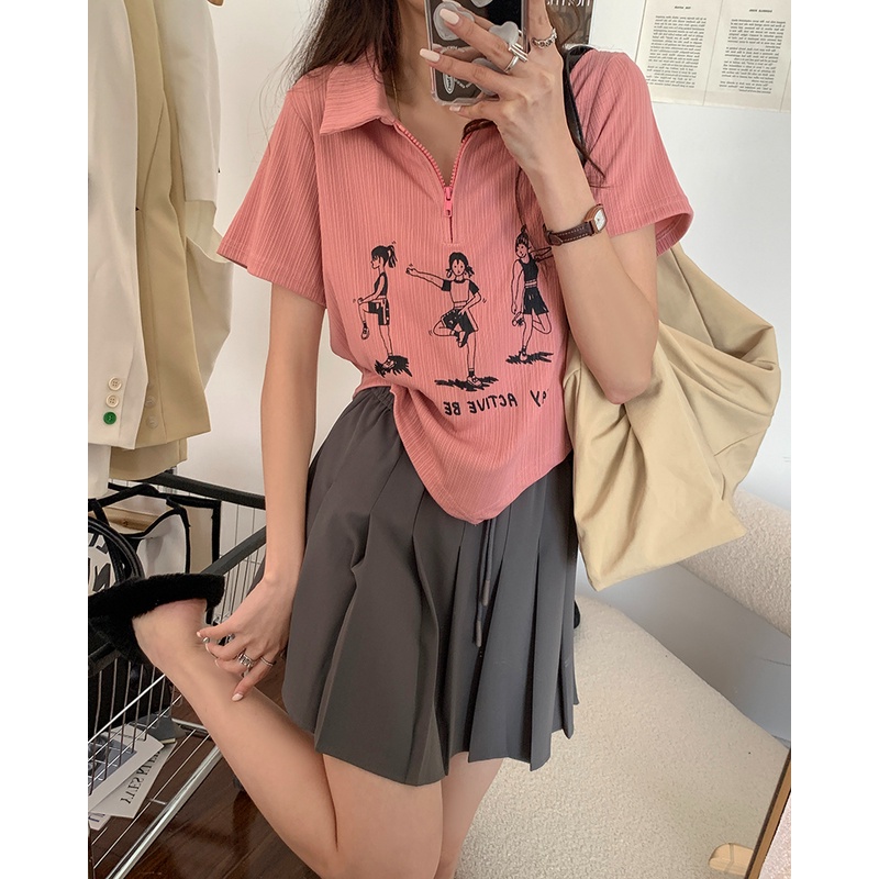 ZHELIHANGFEI Áo Thun Polo Tay Ngắn Dáng Rộng In Họa Tiết Phong Cách Retro Hàn Quốc