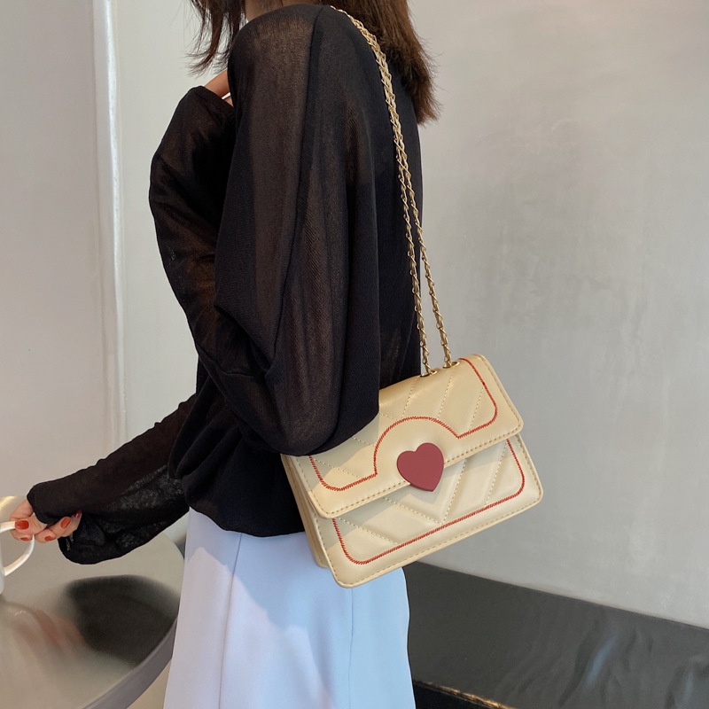 AlphaZ Túi Đeo Vai Hình Vuông Cỡ Nhỏ Bằng Da PU Họa Tiết Trái Tim Phối Dây Xích Kiểu Hàn Quốc Dễ Phối Đồ