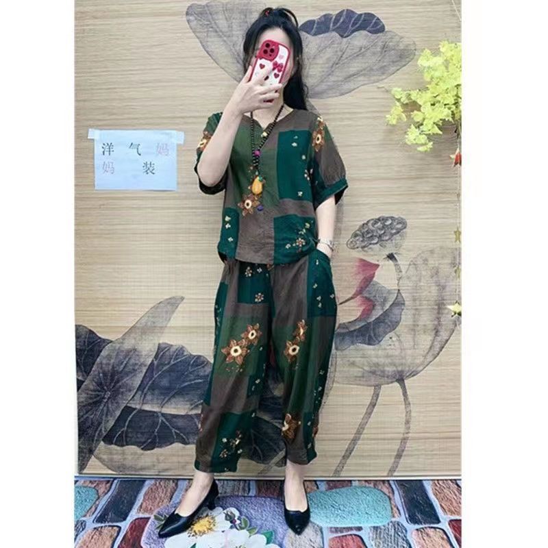 Set Áo Thun Ngắn Tay In Họa Tiết + Quần Dài Phong Cách Retro Thời Trang Cho Nữ