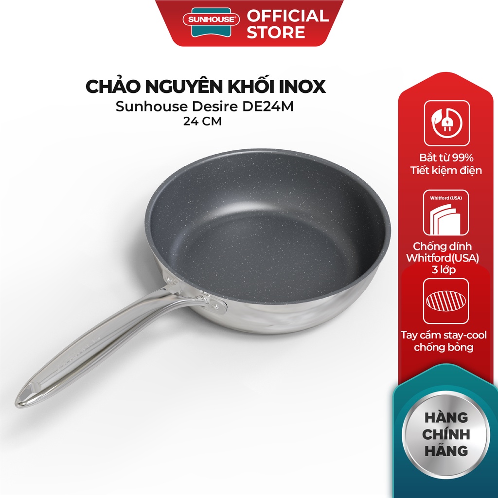 Chảo Inox nguyên khối SUNHOUSE Desire DE20-24-26-28M | Kết cấu inox dày gấp 4 lần | Chống dính 3 lớp vân đá