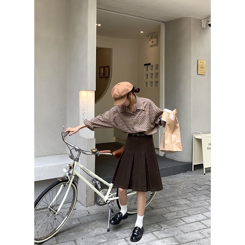 Áo sơ mi nữ Form rộng Tay dài kẻ sọc caro Retro Thu Đông Hàn Quốc Sơ mi nữ Dáng rộng Dài tay Thời trang