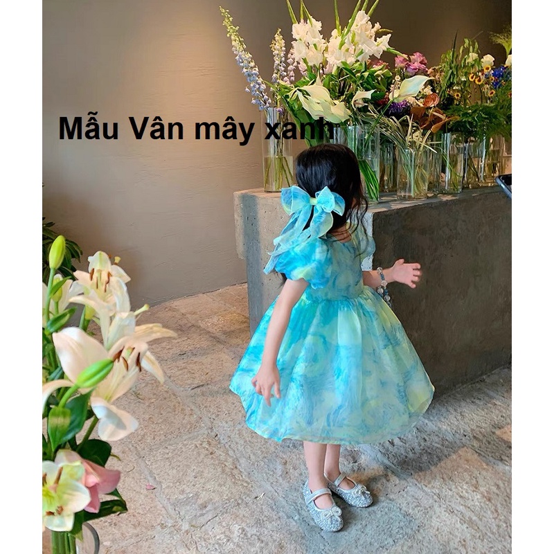 Váy bé gái_đầm công chúa hoa xuân chất tơ mềm óng nơ lưng vàng XHN1141