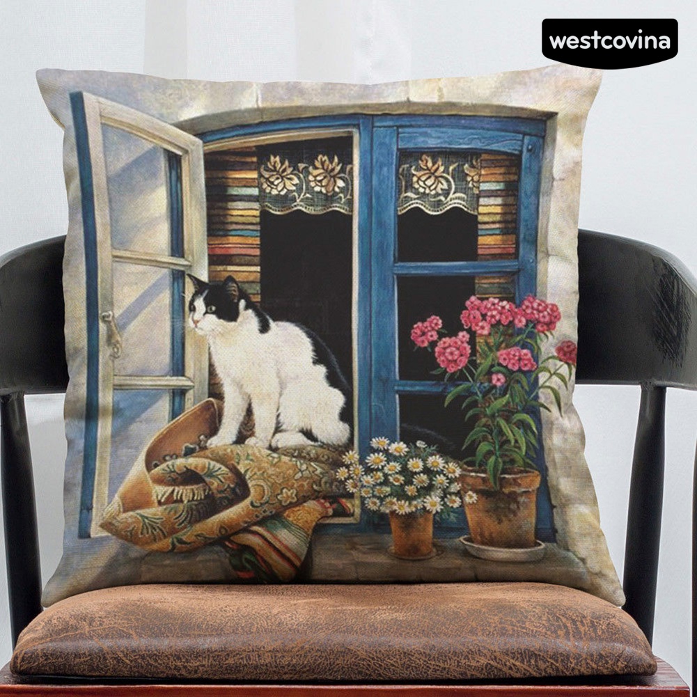 [WEST]⚘Vỏ Gối Sofa Vải Lanh In Hình Mèo Vui Nhộn