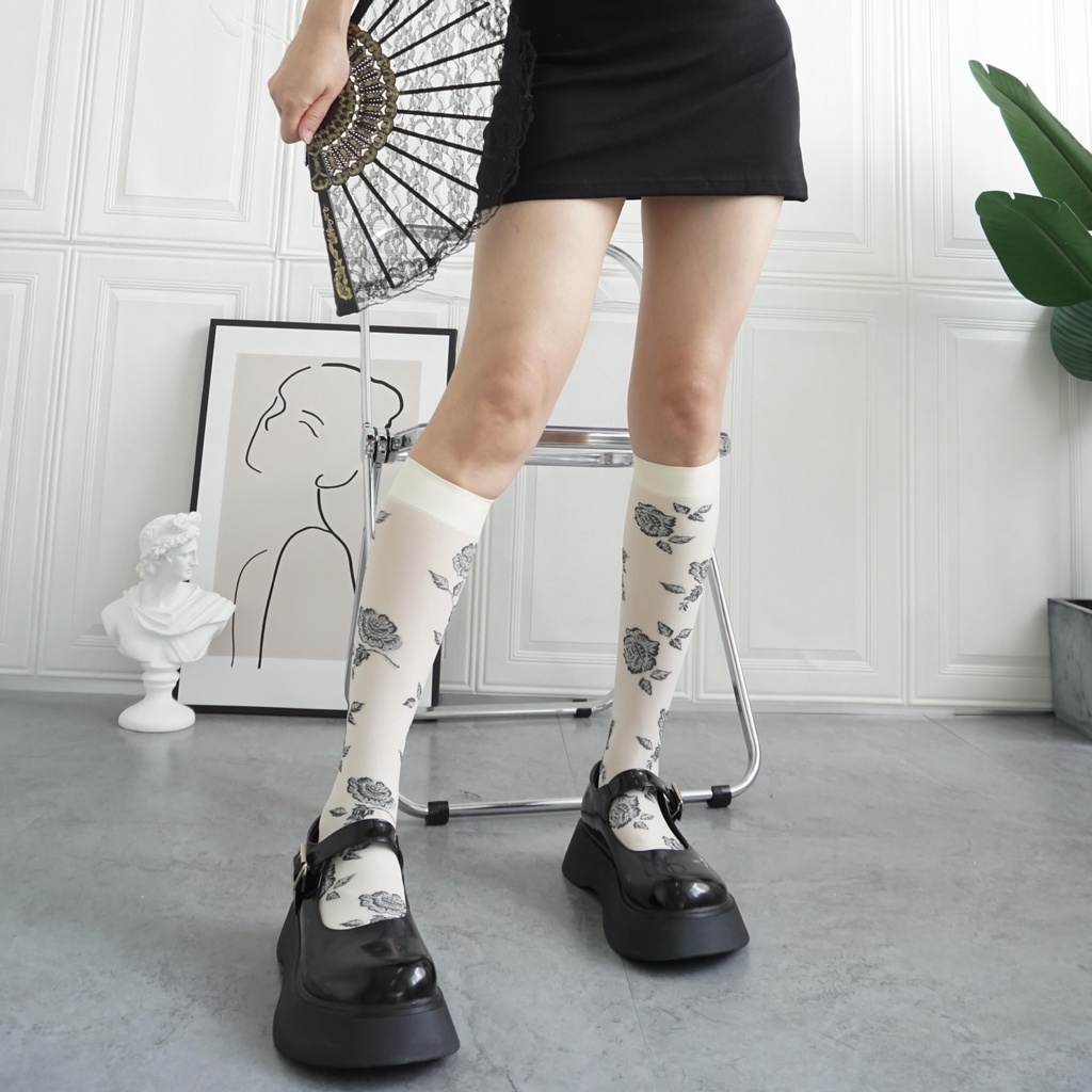 Tất vớ bắp chân nữ đính nơ phong cách Lolita đáng yêu - Tất da siêu co giãn trắng đen cosplay JK TN10