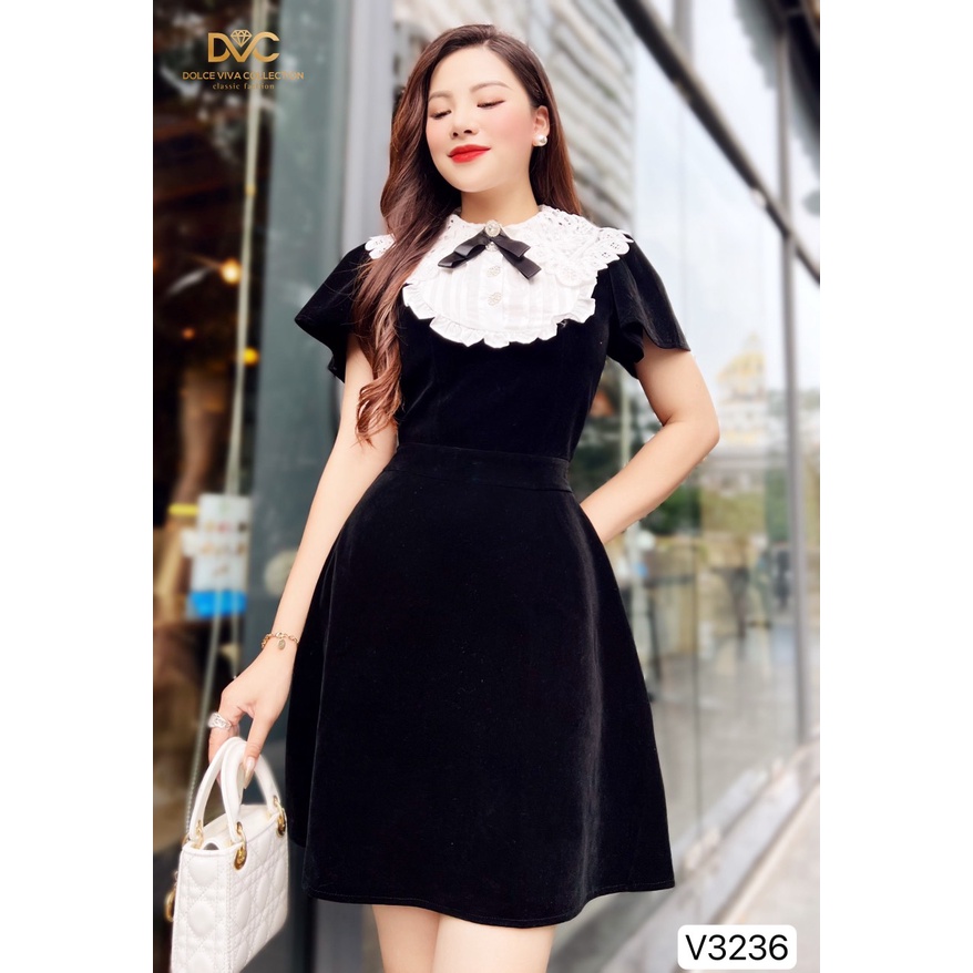 VÁY NHUNG ĐEN CỔ REN TRẮNG V3236-DVC